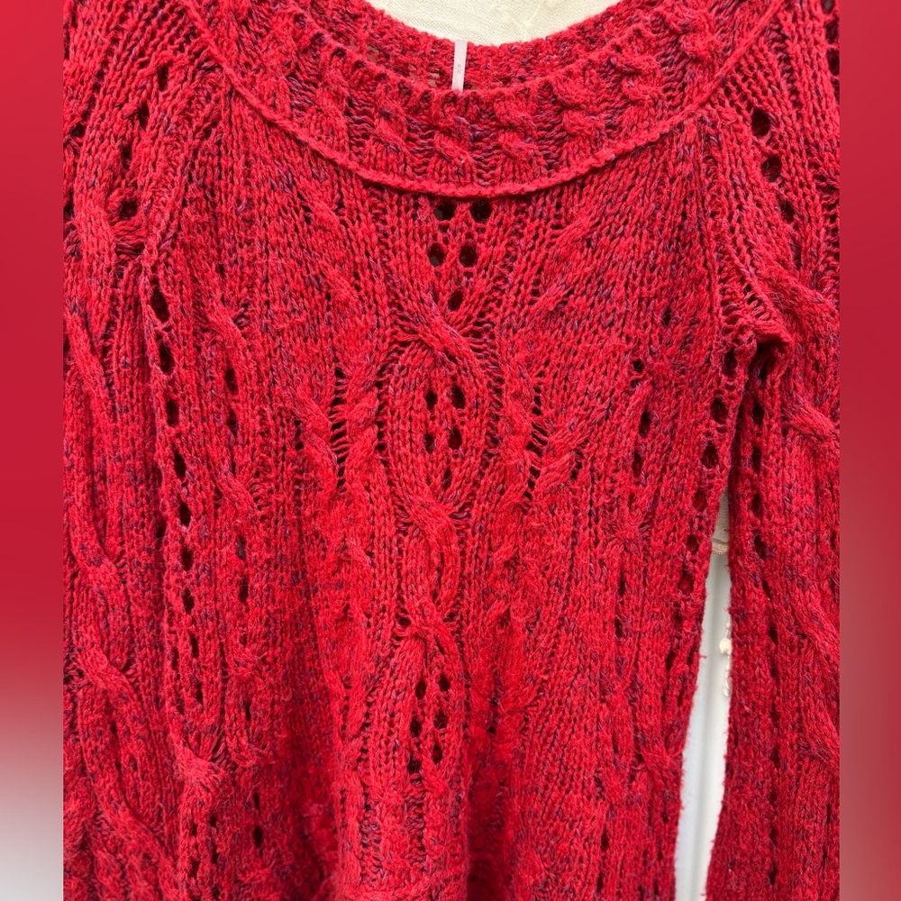 Free People Red Cable Knit Off the Shoulder Tunic Sweater - Picture 4 of 7